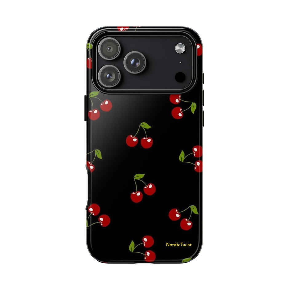 Cherry Pattern Tough Phone Case — Black Retro Cherry iPhone Cover