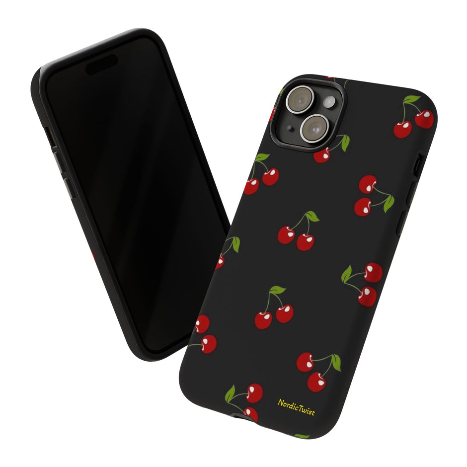 Cherry Pattern Tough Phone Case — Black Retro Cherry iPhone Cover