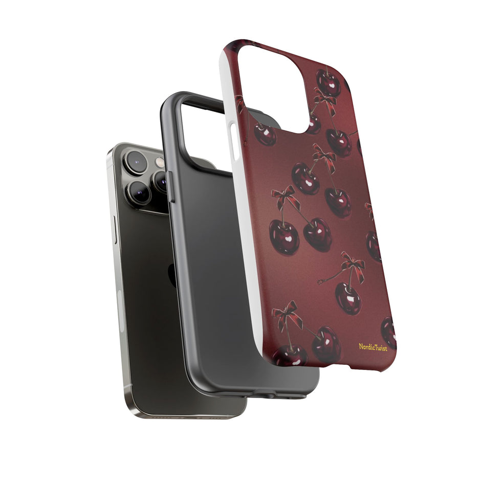 Cherry Pattern Tough Phone Case — Retro Dark Red Cherry iPhone Cover