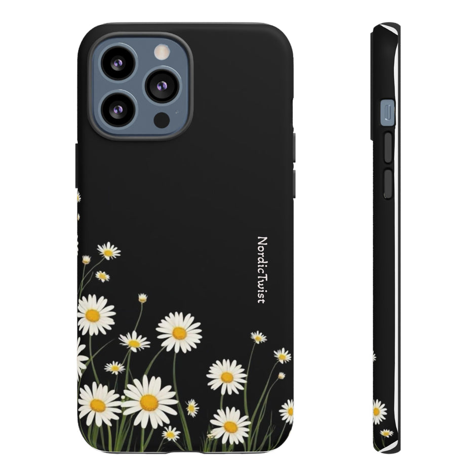 Daisy Floral Tough Phone Case – Protective Black Phone Cover with White Daisies