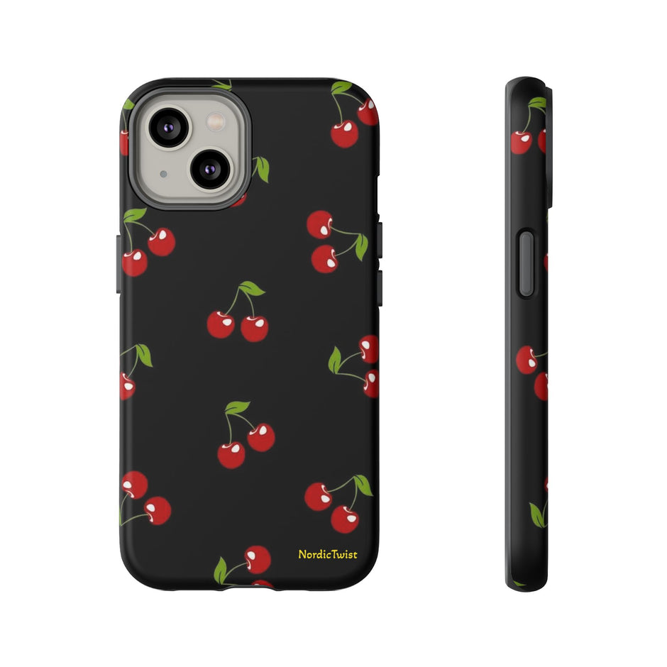 Cherry Pattern Tough Phone Case — Black Retro Cherry iPhone Cover