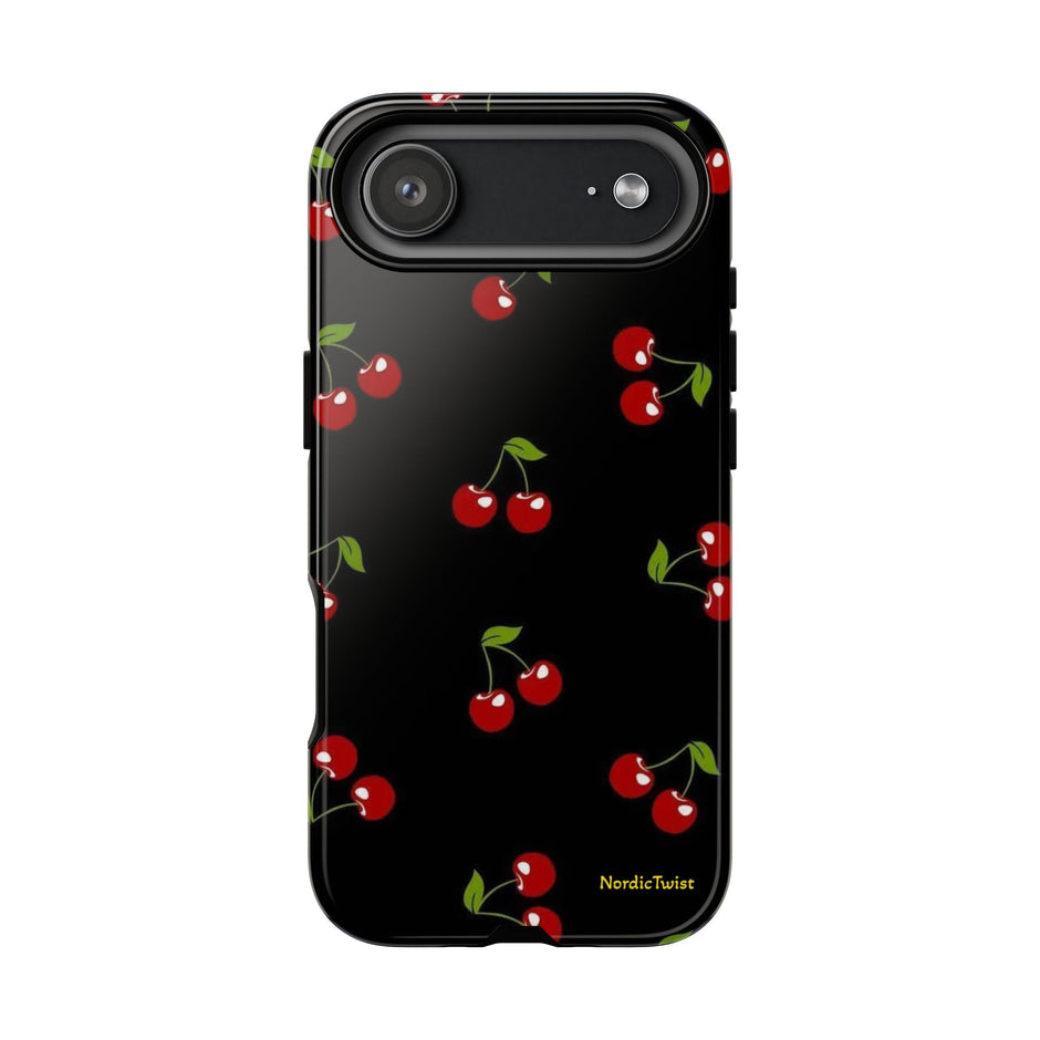 Cherry Pattern Tough Phone Case — Black Retro Cherry iPhone Cover