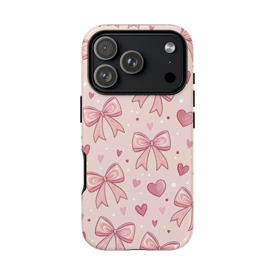 Pink Bow & Hearts Tough Phone Case — Cute Floral Ribbon iPhone Cover