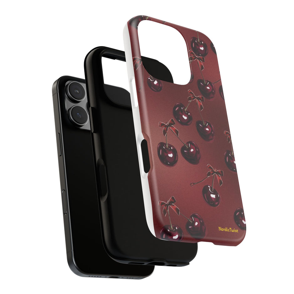Cherry Pattern Tough Phone Case — Retro Dark Red Cherry iPhone Cover