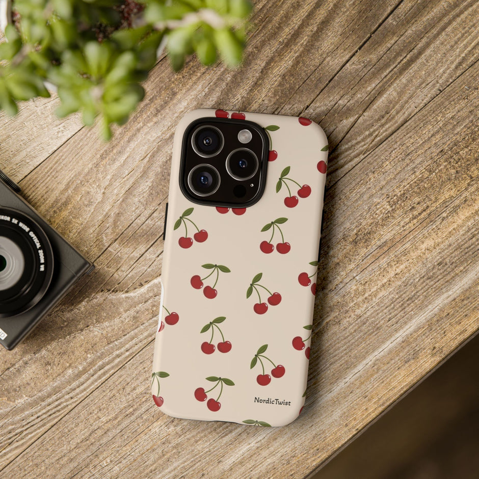 Cherry Pattern Tough Phone Case — Retro Red Cherries on Cream