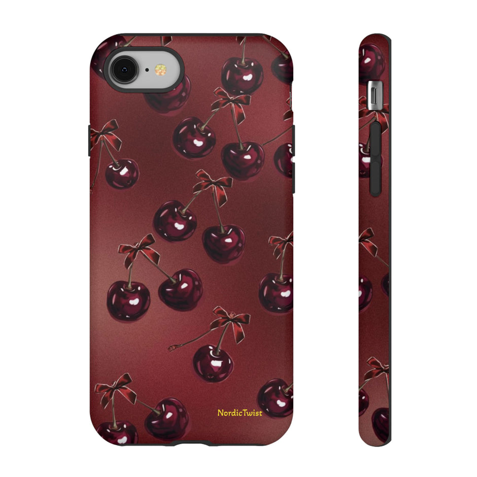 Cherry Pattern Tough Phone Case — Retro Dark Red Cherry iPhone Cover