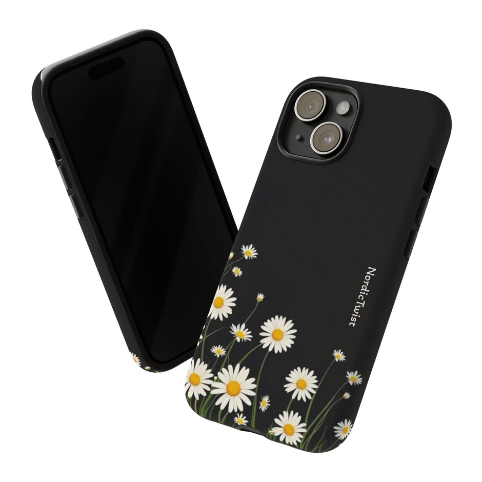 Daisy Floral Tough Phone Case – Protective Black Phone Cover with White Daisies