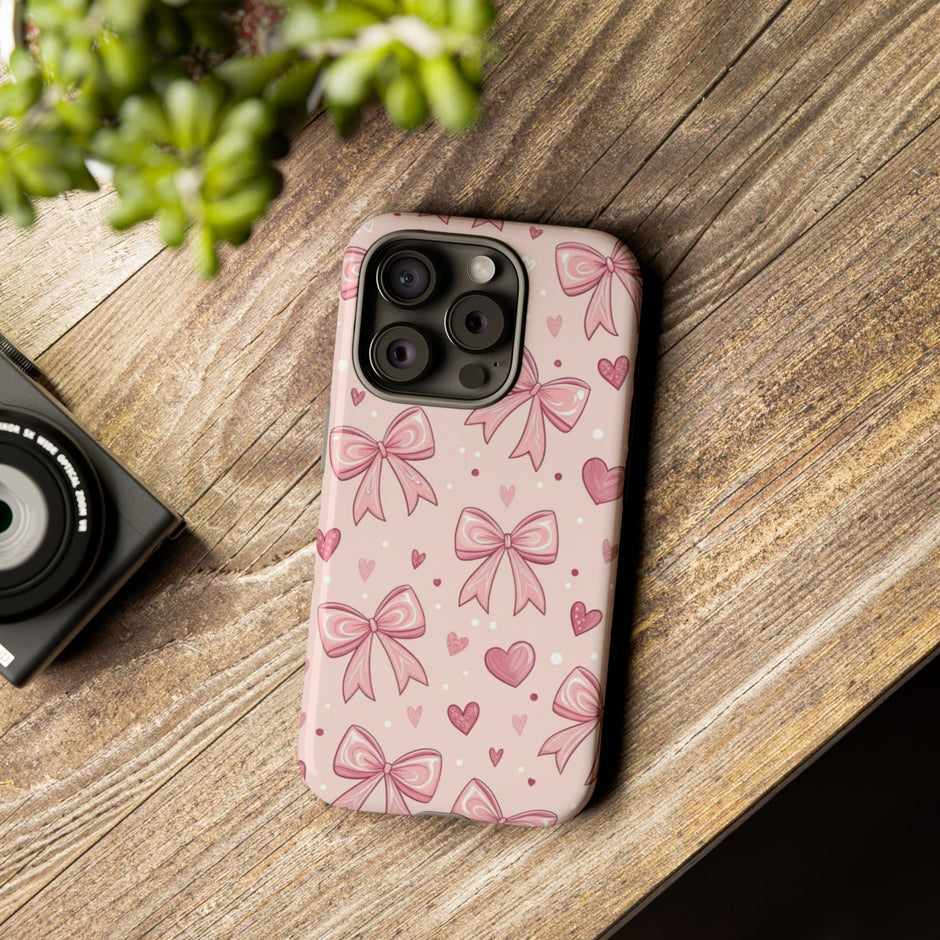 Pink Bow & Hearts Tough Phone Case — Cute Floral Ribbon iPhone Cover