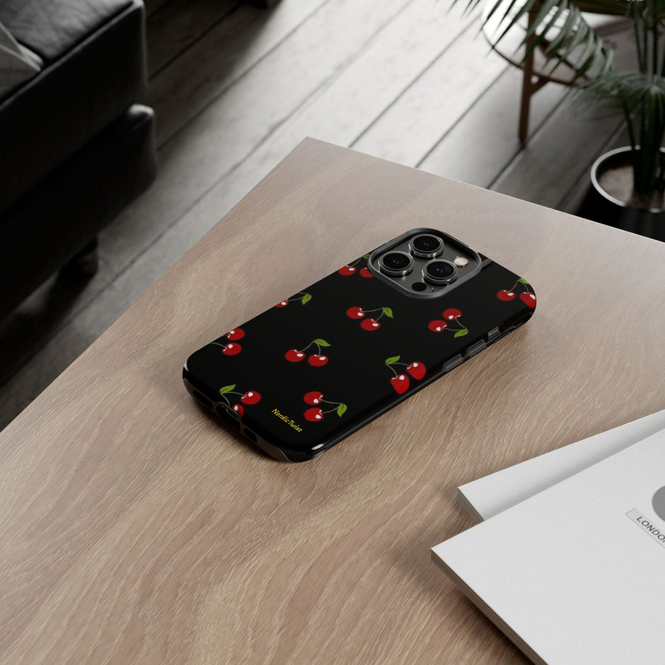 Cherry Pattern Tough Phone Case — Black Retro Cherry iPhone Cover