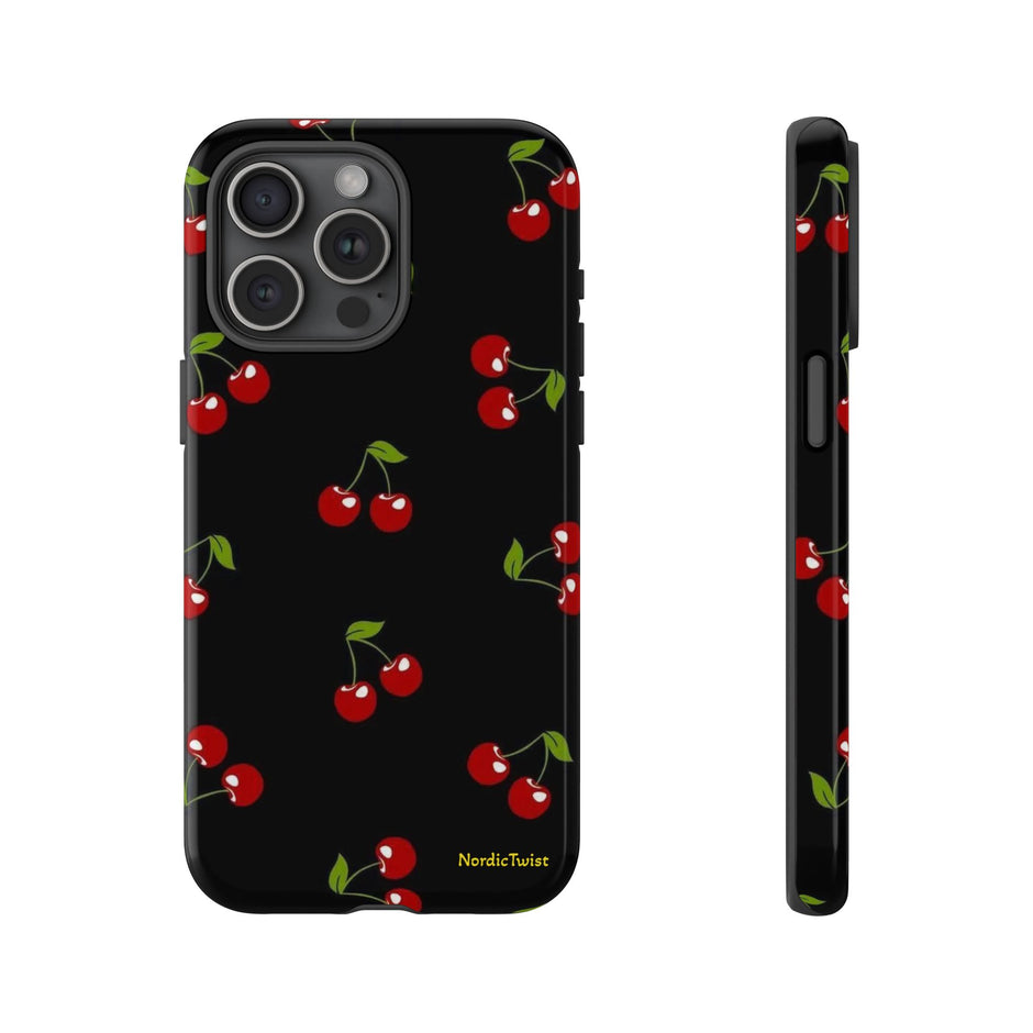 Cherry Pattern Tough Phone Case — Black Retro Cherry iPhone Cover