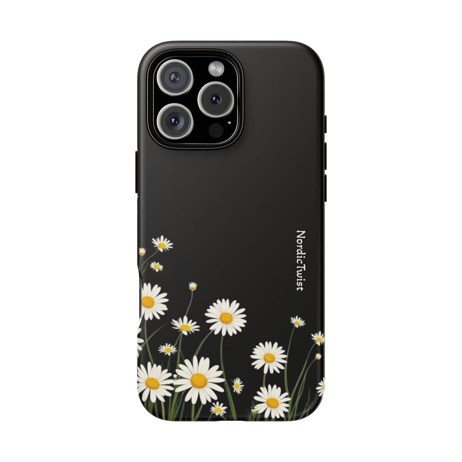 Daisy Floral Tough Phone Case – Protective Black Phone Cover with White Daisies