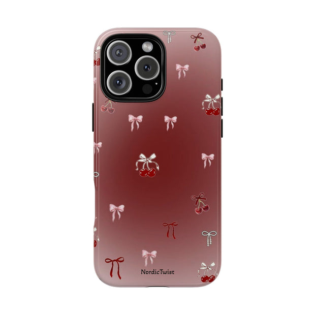 Cherry Bow Phone Case — Cute Red Gradient Protective Cover
