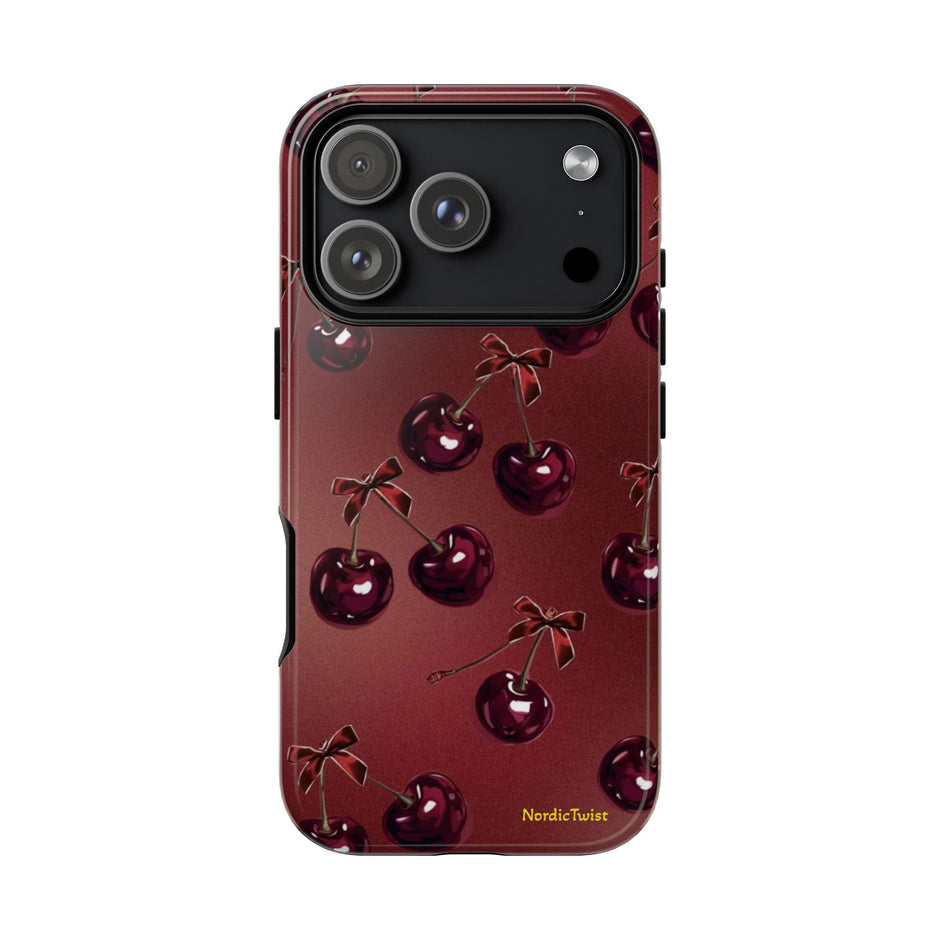 Cherry Pattern Tough Phone Case — Retro Dark Red Cherry iPhone Cover