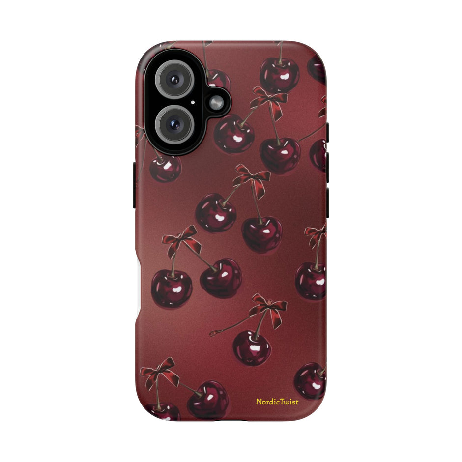 Cherry Pattern Tough Phone Case — Retro Dark Red Cherry iPhone Cover