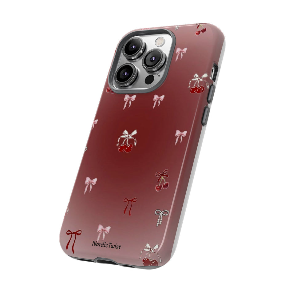 Cherry Bow Phone Case — Cute Red Gradient Protective Cover