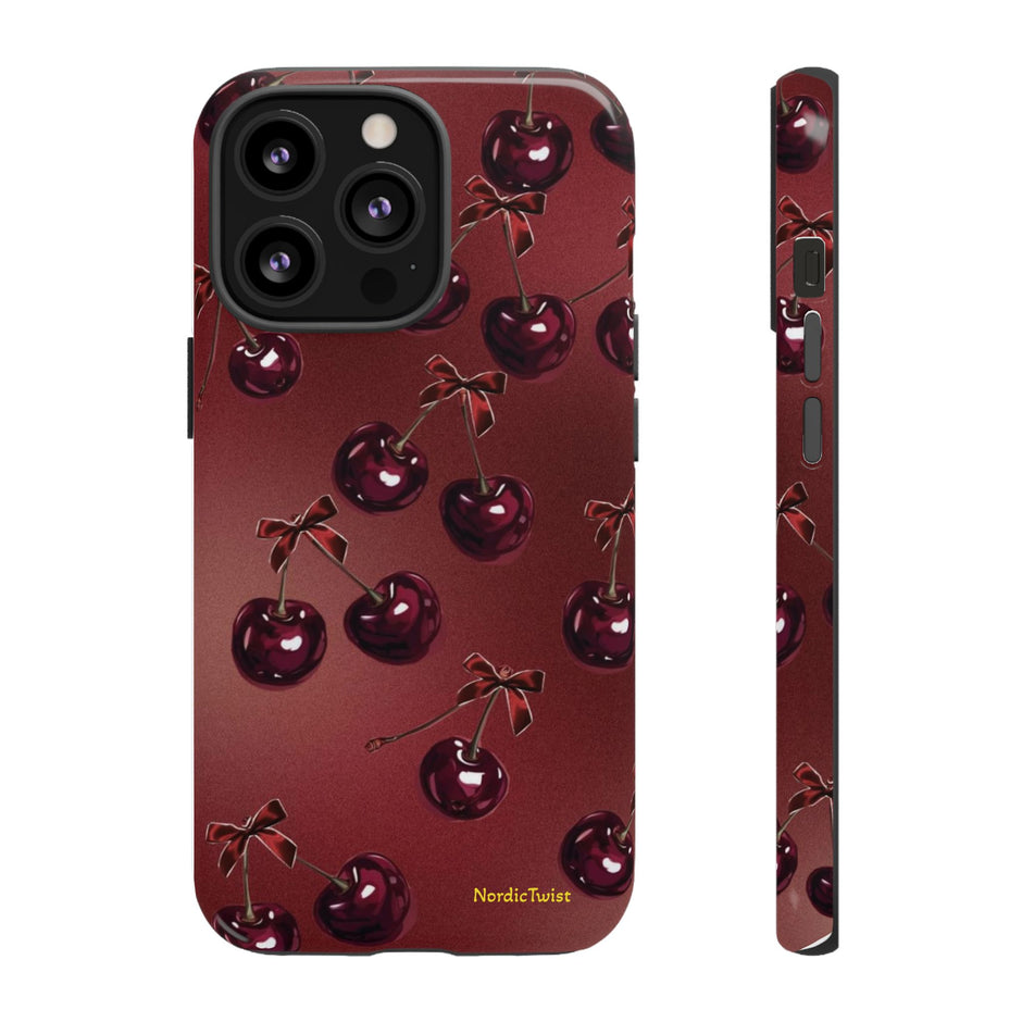 Cherry Pattern Tough Phone Case — Retro Dark Red Cherry iPhone Cover