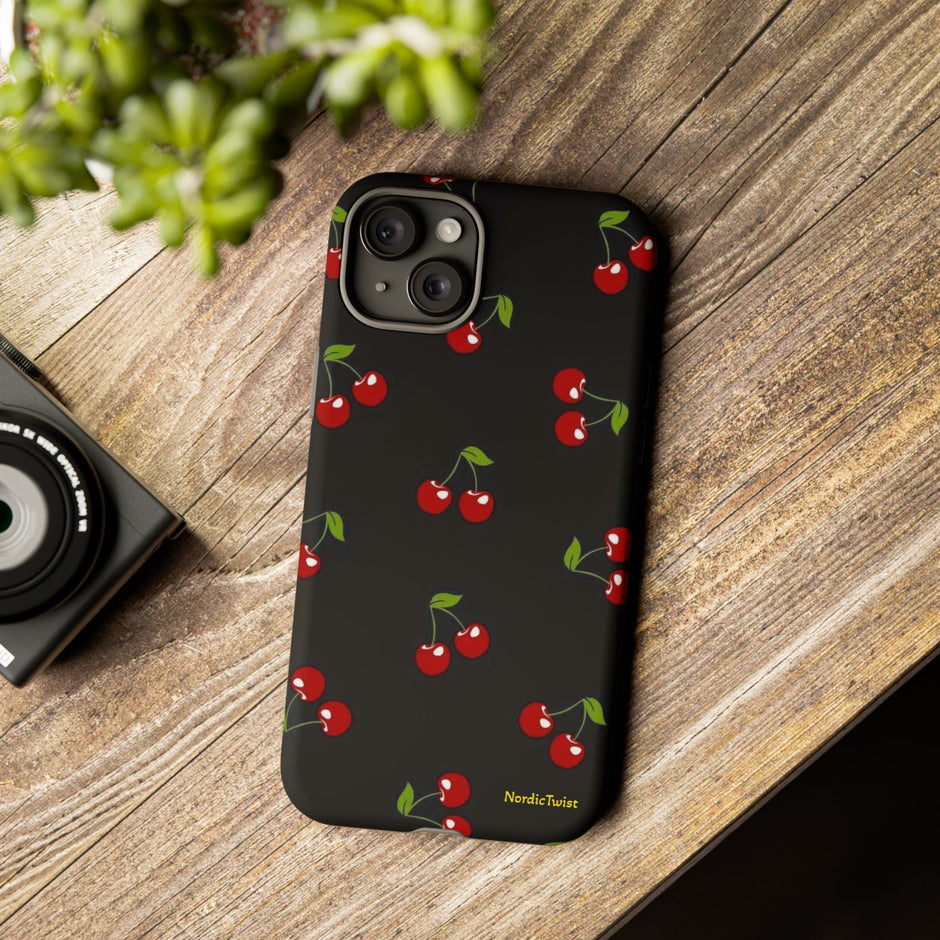 Cherry Pattern Tough Phone Case — Black Retro Cherry iPhone Cover