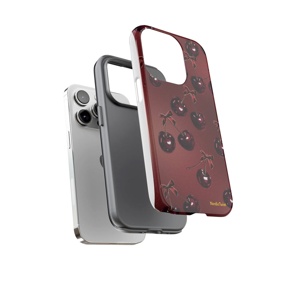 Cherry Pattern Tough Phone Case — Retro Dark Red Cherry iPhone Cover