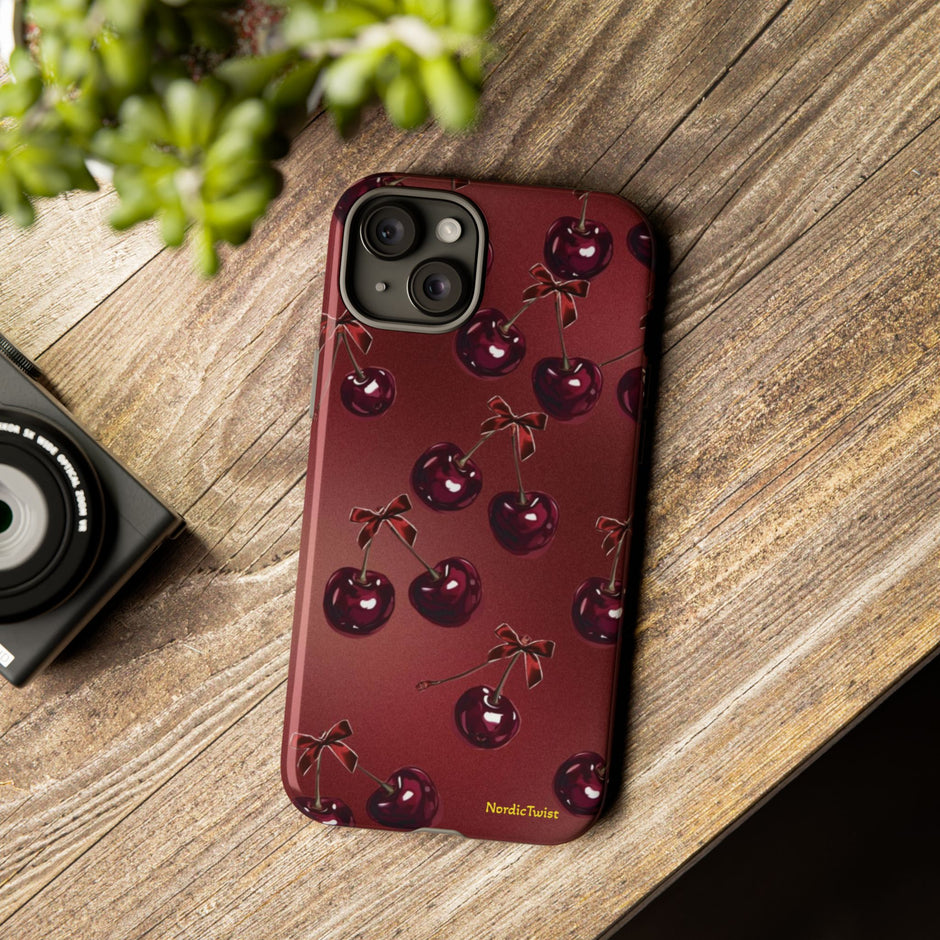 Cherry Pattern Tough Phone Case — Retro Dark Red Cherry iPhone Cover