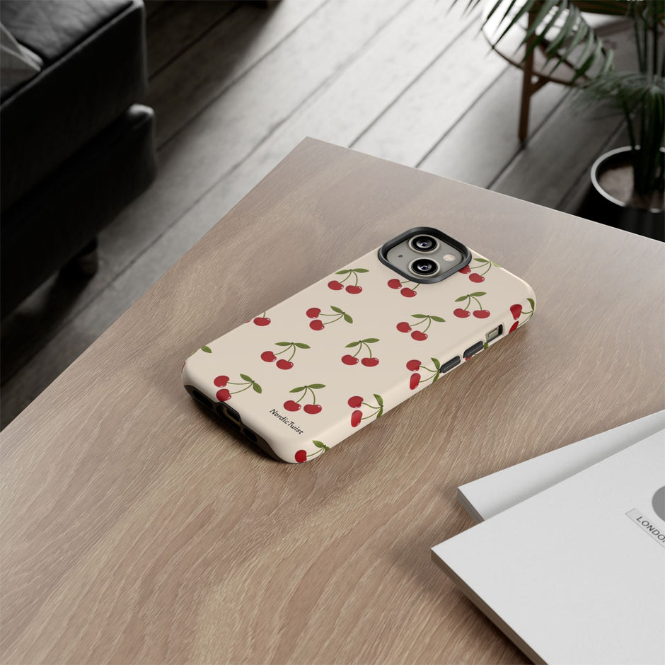 Cherry Pattern Tough Phone Case — Retro Red Cherries on Cream