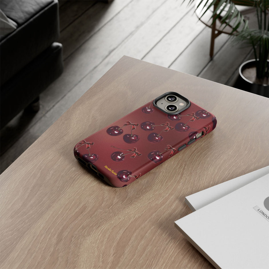 Cherry Pattern Tough Phone Case — Retro Dark Red Cherry iPhone Cover
