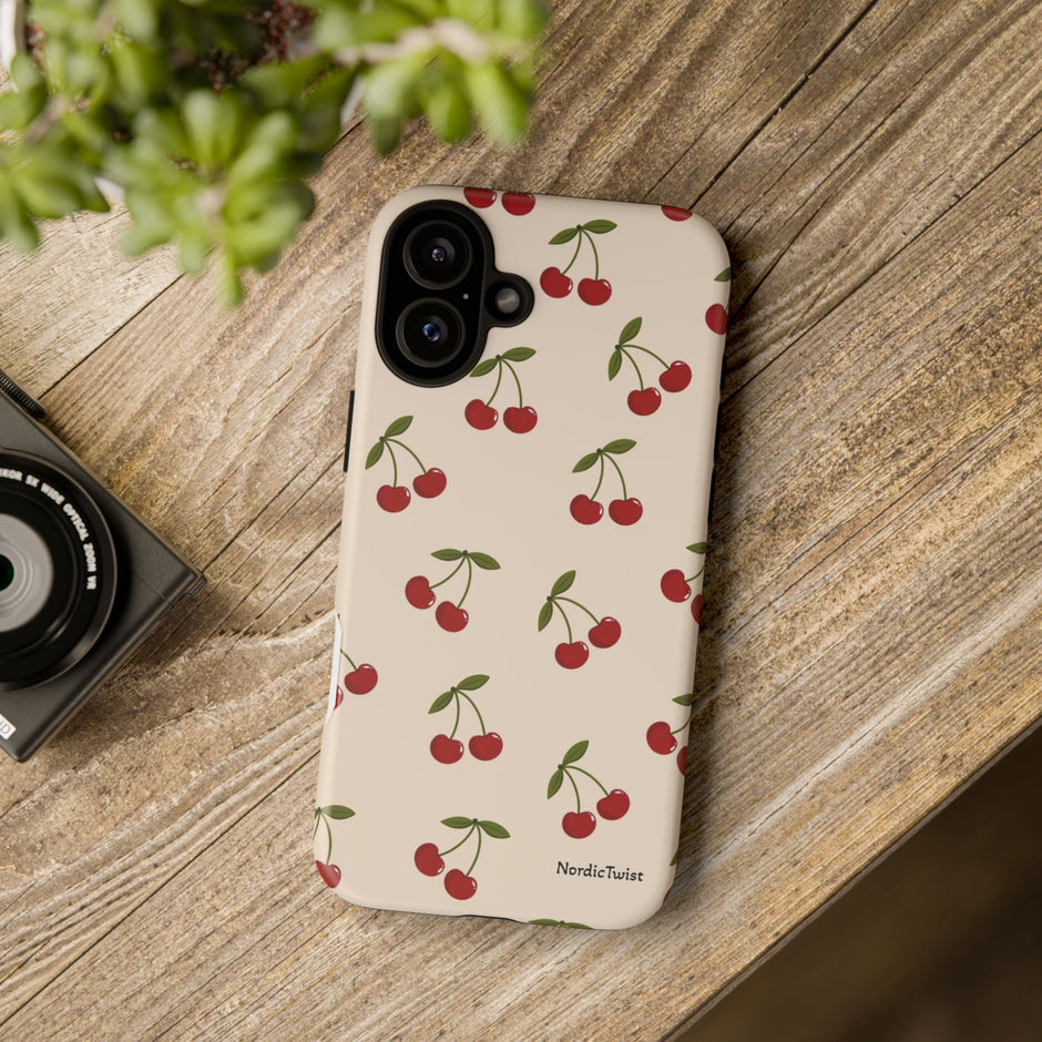 Cherry Pattern Tough Phone Case — Retro Red Cherries on Cream