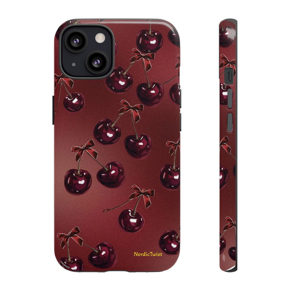 Cherry Pattern Tough Phone Case — Retro Dark Red Cherry iPhone Cover