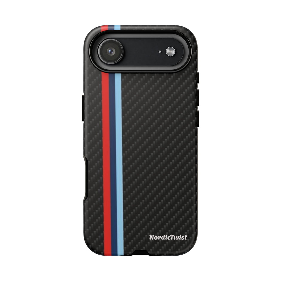 Carbon Fiber Stripe Phone Case — Tough Rugged Protection with Red & Blue Racing Stripe