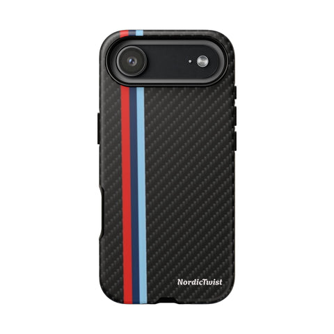 Carbon Fiber Stripe Phone Case — Tough Rugged Protection with Red & Blue Racing Stripe