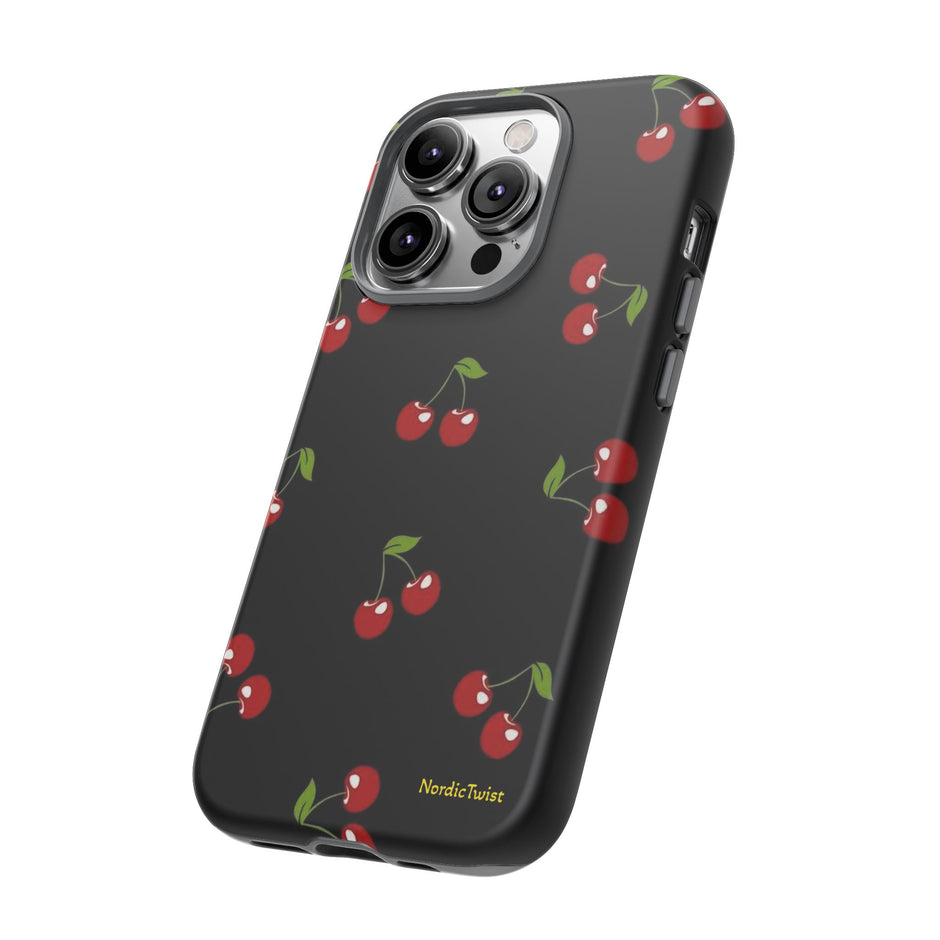 Cherry Pattern Tough Phone Case — Black Retro Cherry iPhone Cover