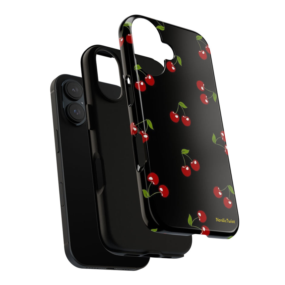 Cherry Pattern Tough Phone Case — Black Retro Cherry iPhone Cover