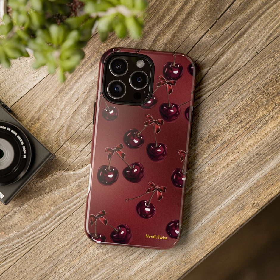 Cherry Pattern Tough Phone Case — Retro Dark Red Cherry iPhone Cover