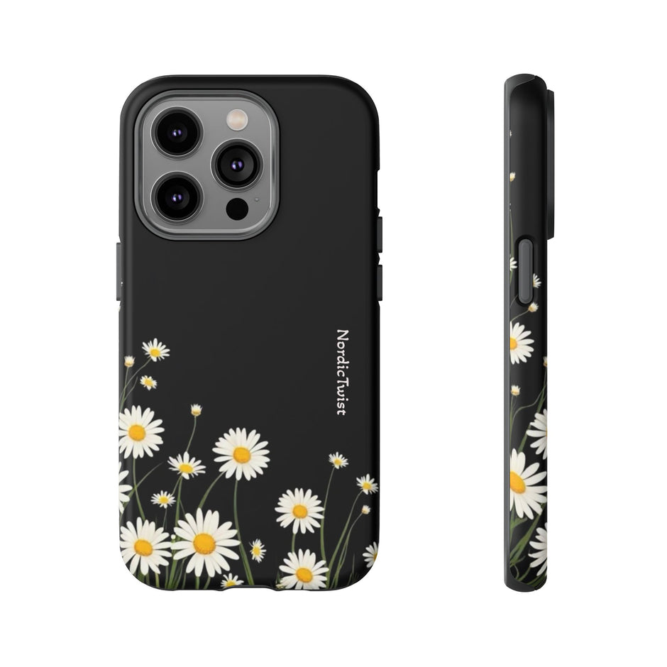 Daisy Floral Tough Phone Case – Protective Black Phone Cover with White Daisies