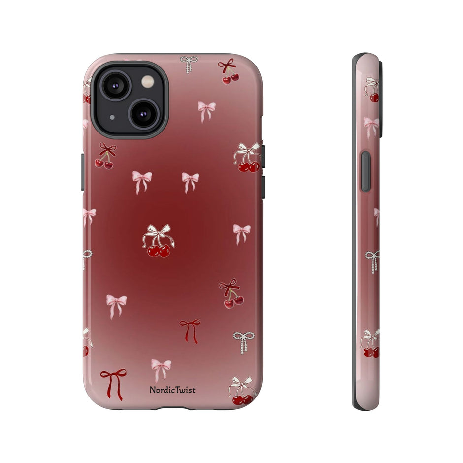 Cherry Bow Phone Case — Cute Red Gradient Protective Cover