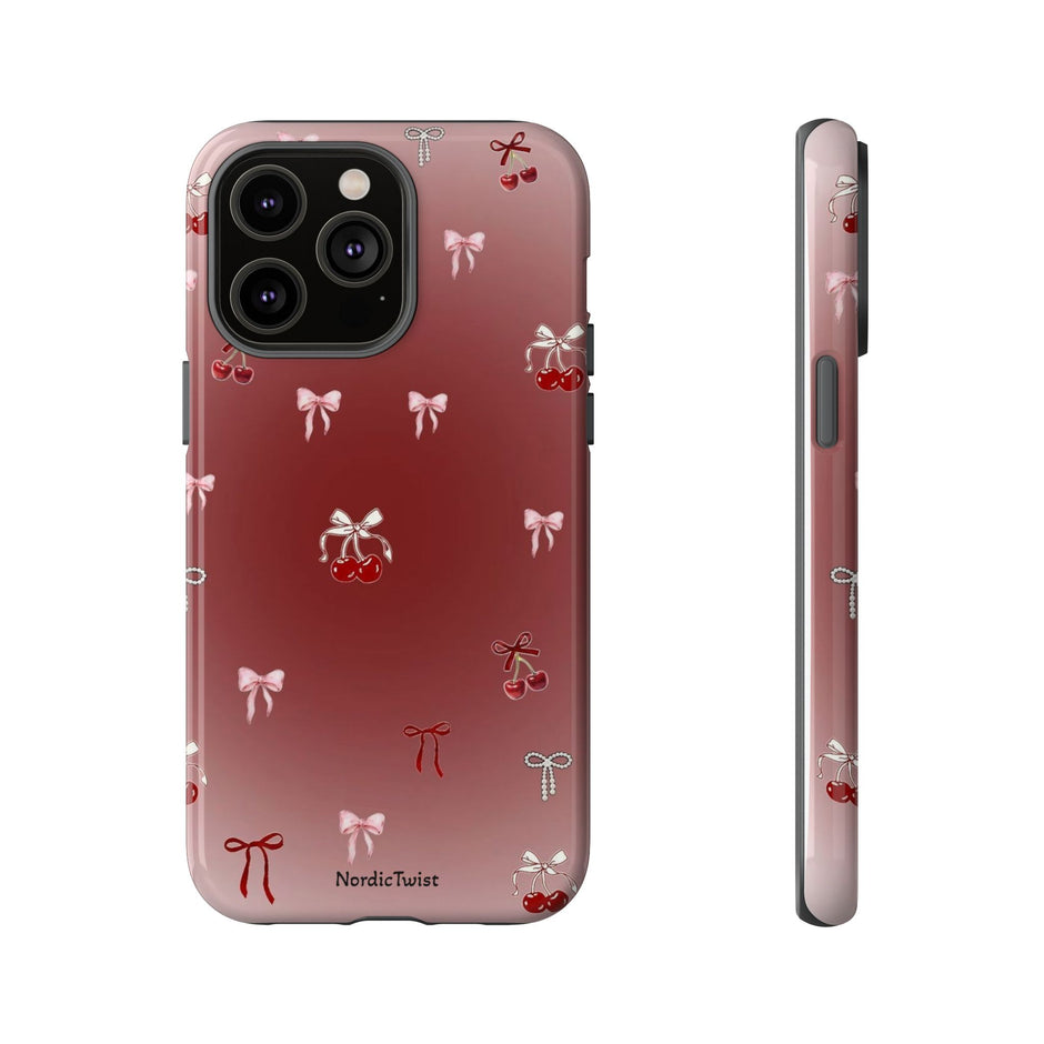 Cherry Bow Phone Case — Cute Red Gradient Protective Cover