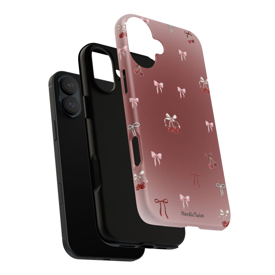 Cherry Bow Phone Case — Cute Red Gradient Protective Cover