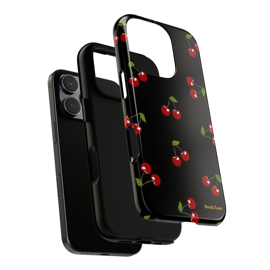 Cherry Pattern Tough Phone Case — Black Retro Cherry iPhone Cover