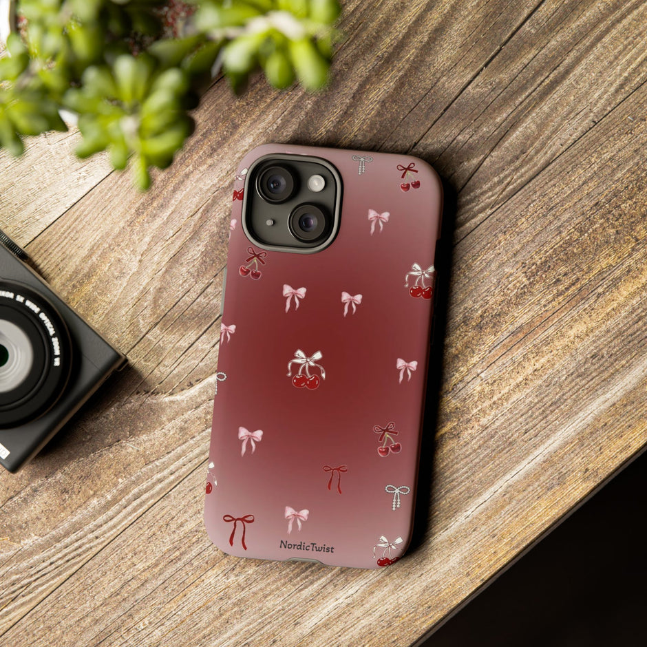 Cherry Bow Phone Case — Cute Red Gradient Protective Cover