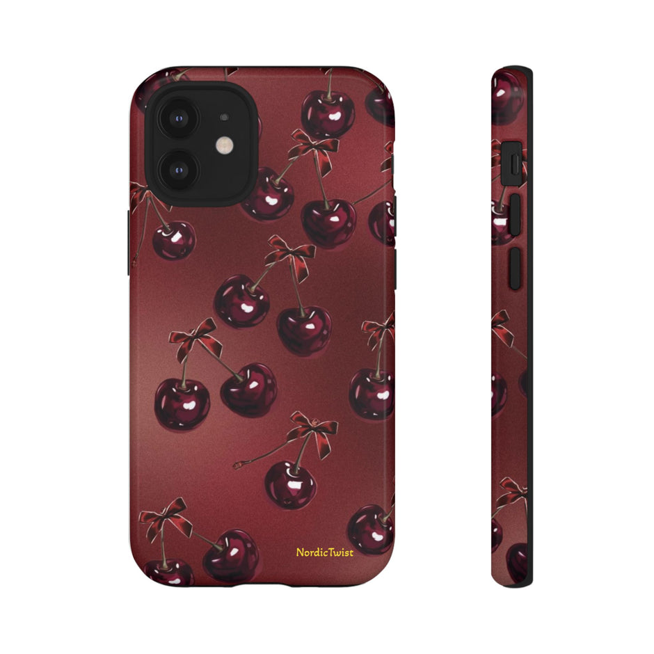 Cherry Pattern Tough Phone Case — Retro Dark Red Cherry iPhone Cover