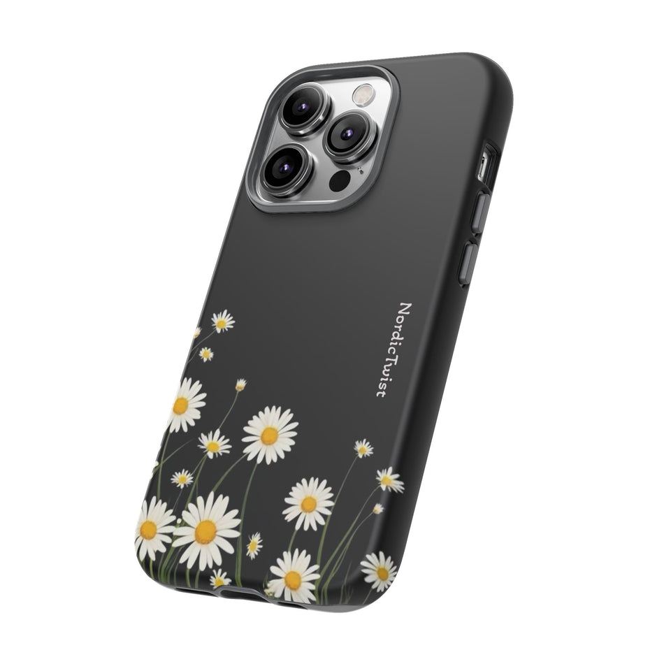 Daisy Floral Tough Phone Case – Protective Black Phone Cover with White Daisies