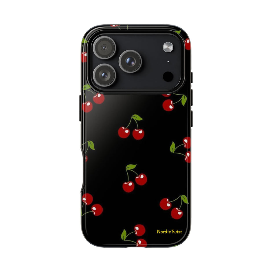 Cherry Pattern Tough Phone Case — Black Retro Cherry iPhone Cover