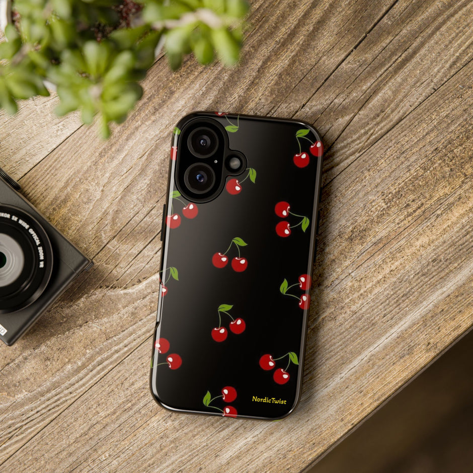 Cherry Pattern Tough Phone Case — Black Retro Cherry iPhone Cover