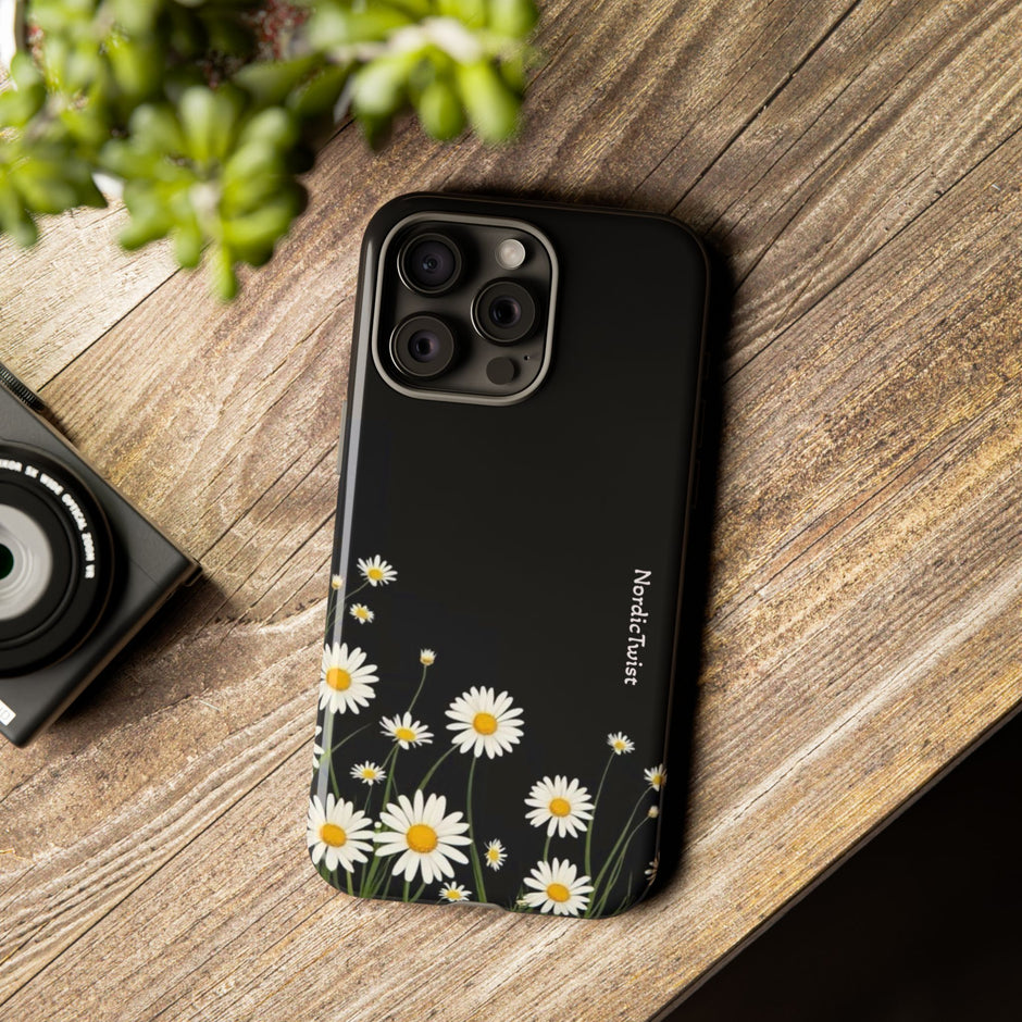 Daisy Floral Tough Phone Case – Protective Black Phone Cover with White Daisies