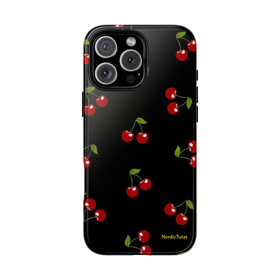 Cherry Pattern Tough Phone Case — Black Retro Cherry iPhone Cover