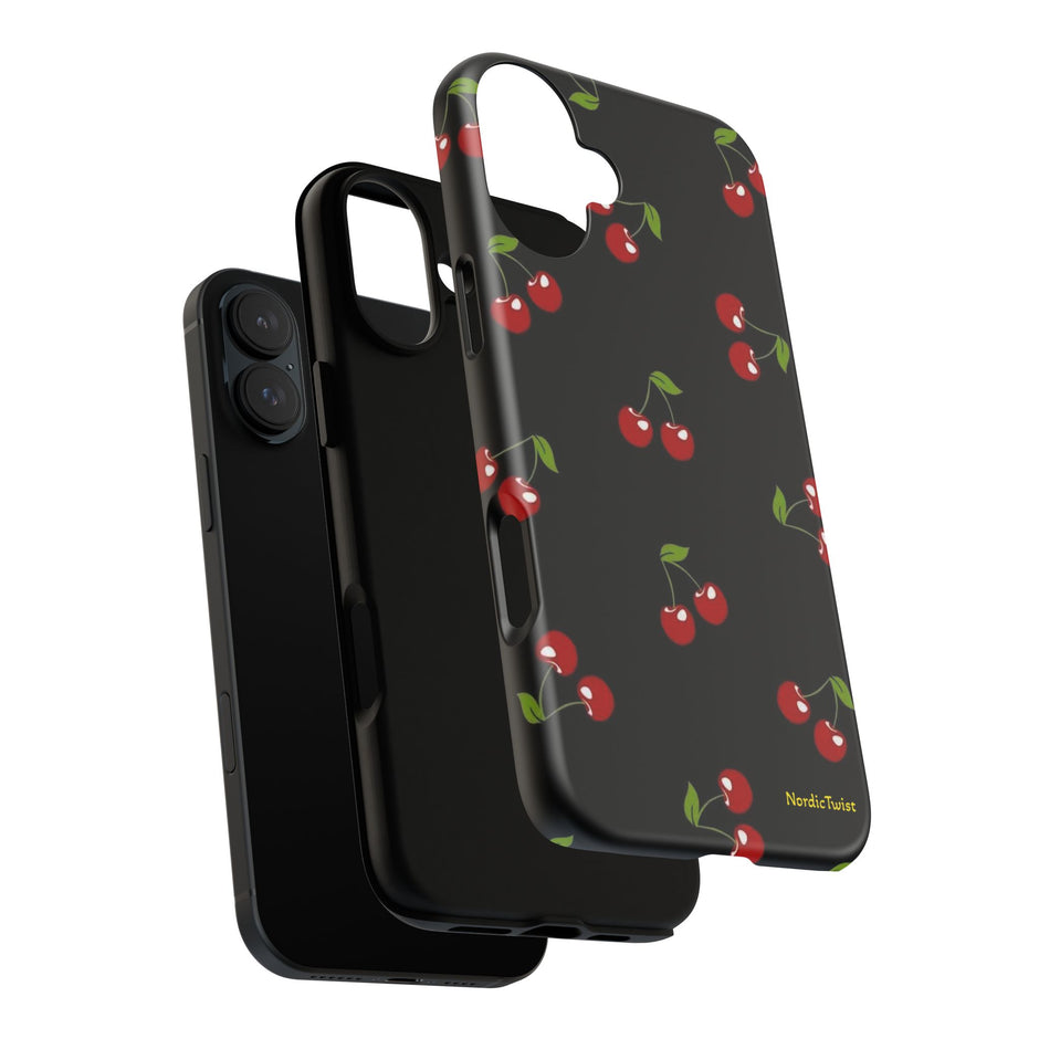 Cherry Pattern Tough Phone Case — Black Retro Cherry iPhone Cover