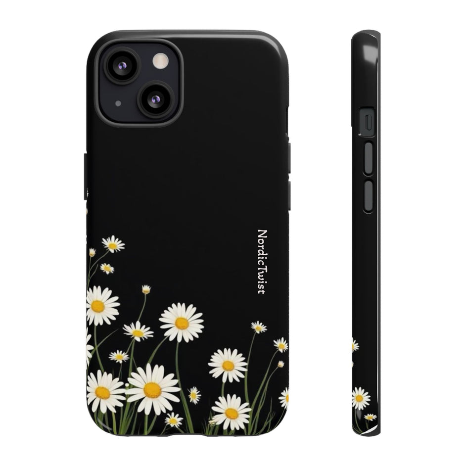 Daisy Floral Tough Phone Case – Protective Black Phone Cover with White Daisies