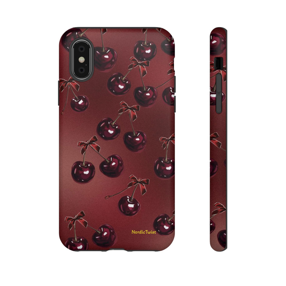 Cherry Pattern Tough Phone Case — Retro Dark Red Cherry iPhone Cover