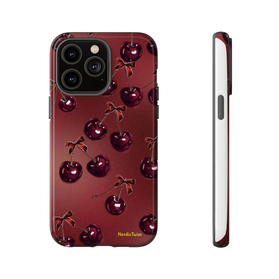 Cherry Pattern Tough Phone Case — Retro Dark Red Cherry iPhone Cover