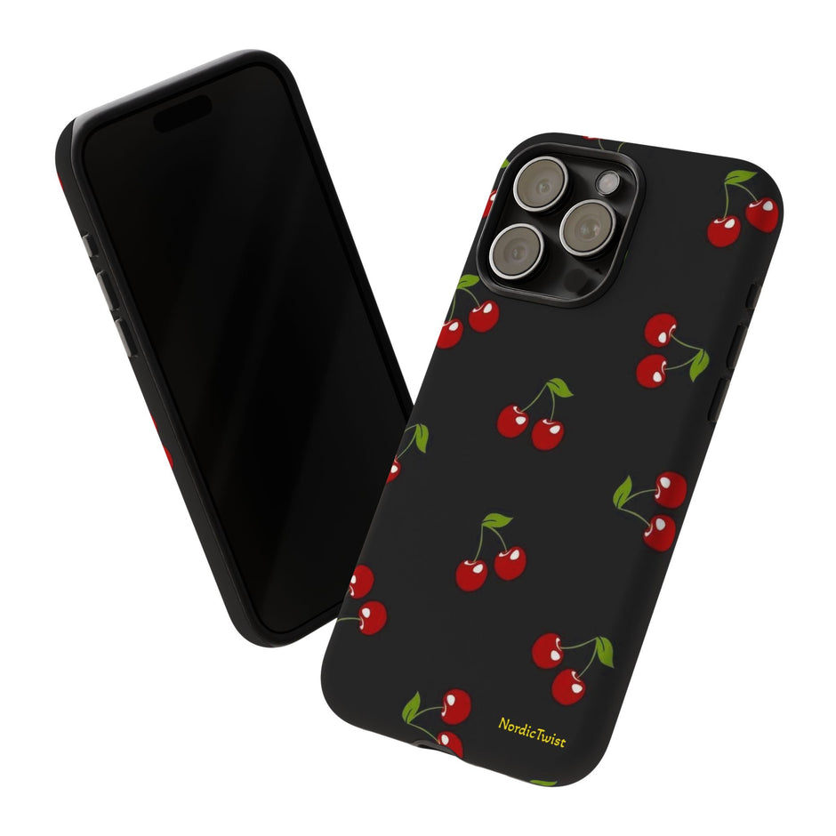 Cherry Pattern Tough Phone Case — Black Retro Cherry iPhone Cover