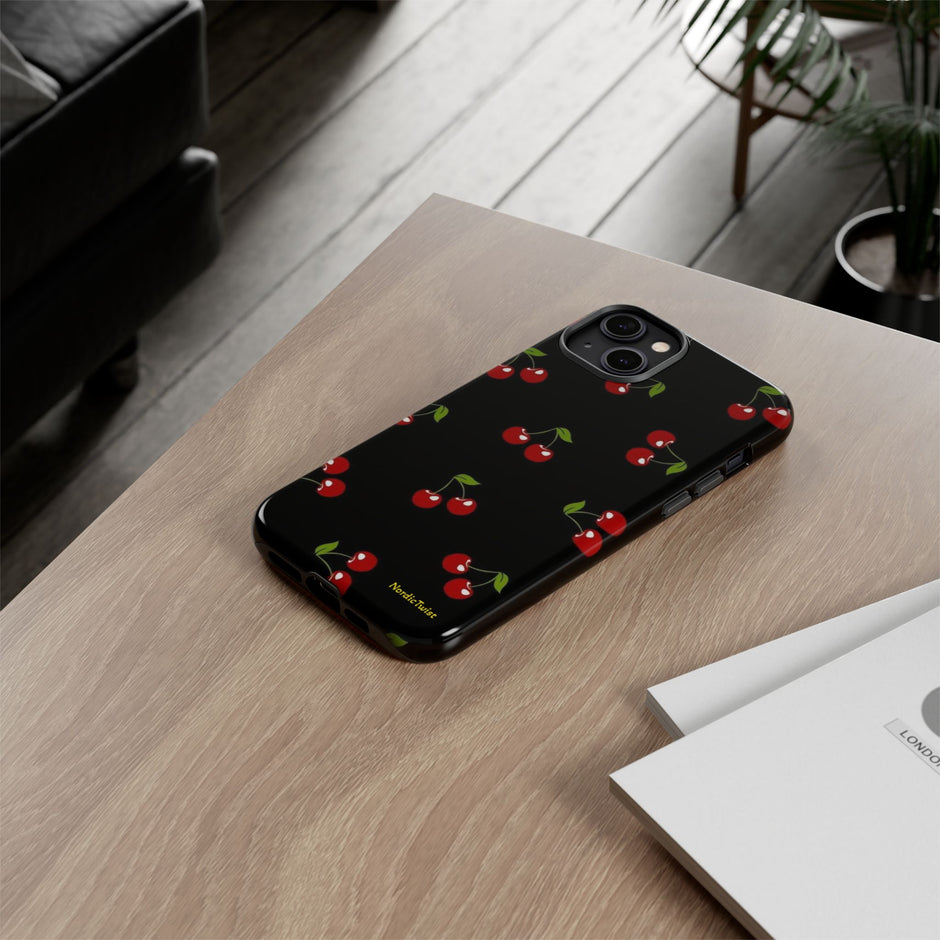 Cherry Pattern Tough Phone Case — Black Retro Cherry iPhone Cover